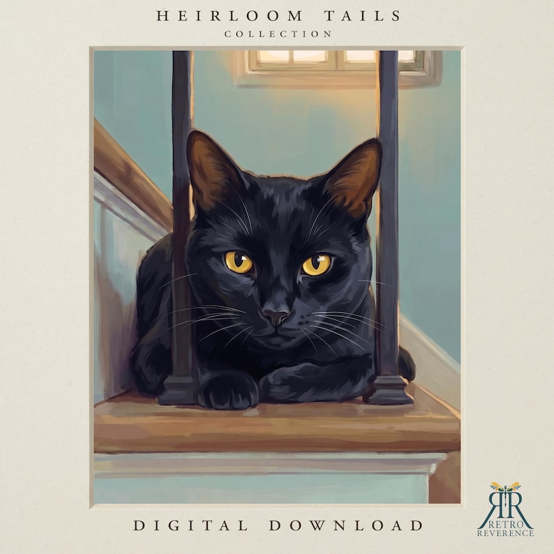 May include: A digital illustration of a black cat with bright yellow eyes resting on a wooden staircase behind dark vertical railings. The text HEIRLOOM TAILS COLLECTION appears at the top, and DIGITAL DOWNLOAD is at the bottom with a logo.