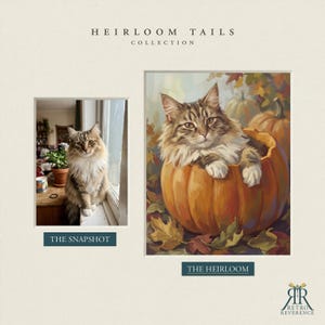 May include: A side-by-side comparison featuring a photograph labeled THE SNAPSHOT of a brown tabby cat with white fur on its chest and paws sitting on a windowsill, and an artistic illustration labeled THE HEIRLOOM of the same cat inside a pumpkin.