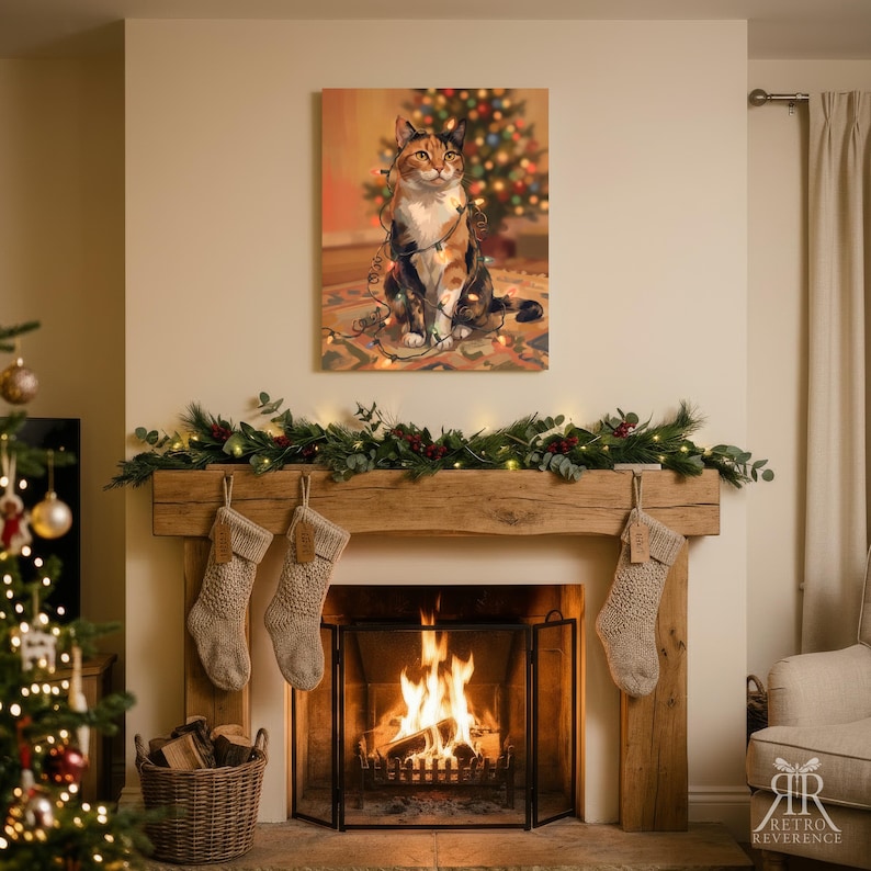 May include: A rectangular wall art print featuring a calico cat sitting on a patterned rug, wrapped in a string of glowing Christmas lights, with a blurred, illuminated Christmas tree in the background, displayed above a wooden fireplace mantel.
