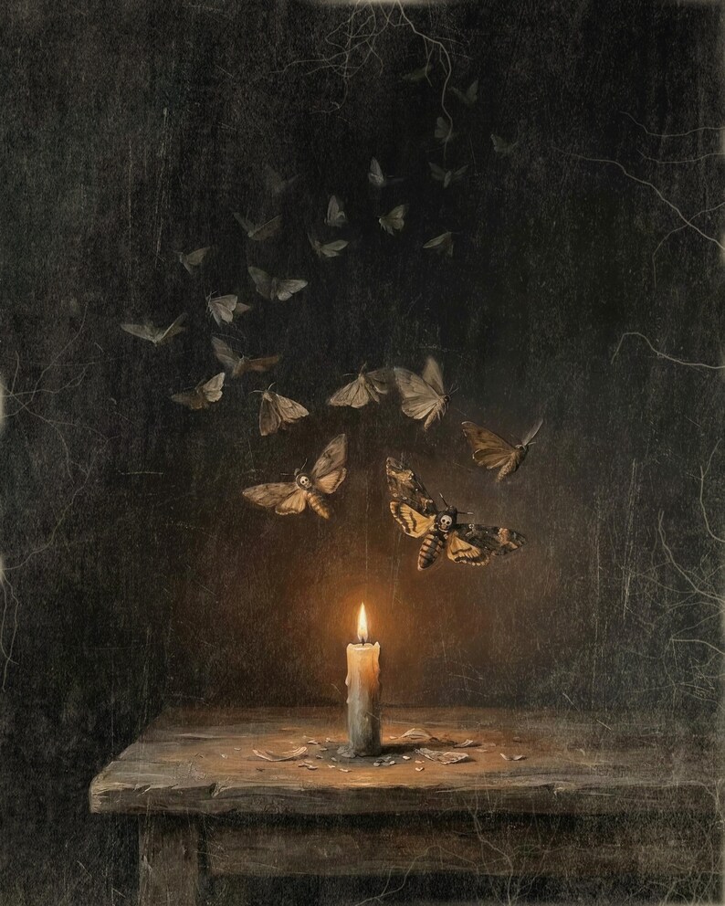 Death Moth Printable Wall Art, Moody Vintage Style Halloween Wall Decor, Gothic Candlelight and Wings, Instant Digital Download
