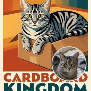 Box Travel Poster from Your Photo, Custom Cat Art Print or Canvas, Cat in Cardboard Box Art, Whimsical Cat Decor, Maximalist Home Decor