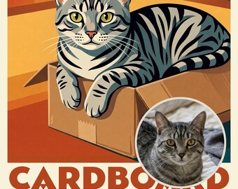 Custom Cat Portrait from Photo, Cat Loafing in a Cardboard Box, Retro Travel Poster Illustration, Colorful Wall Decor, Art Print or Canvas