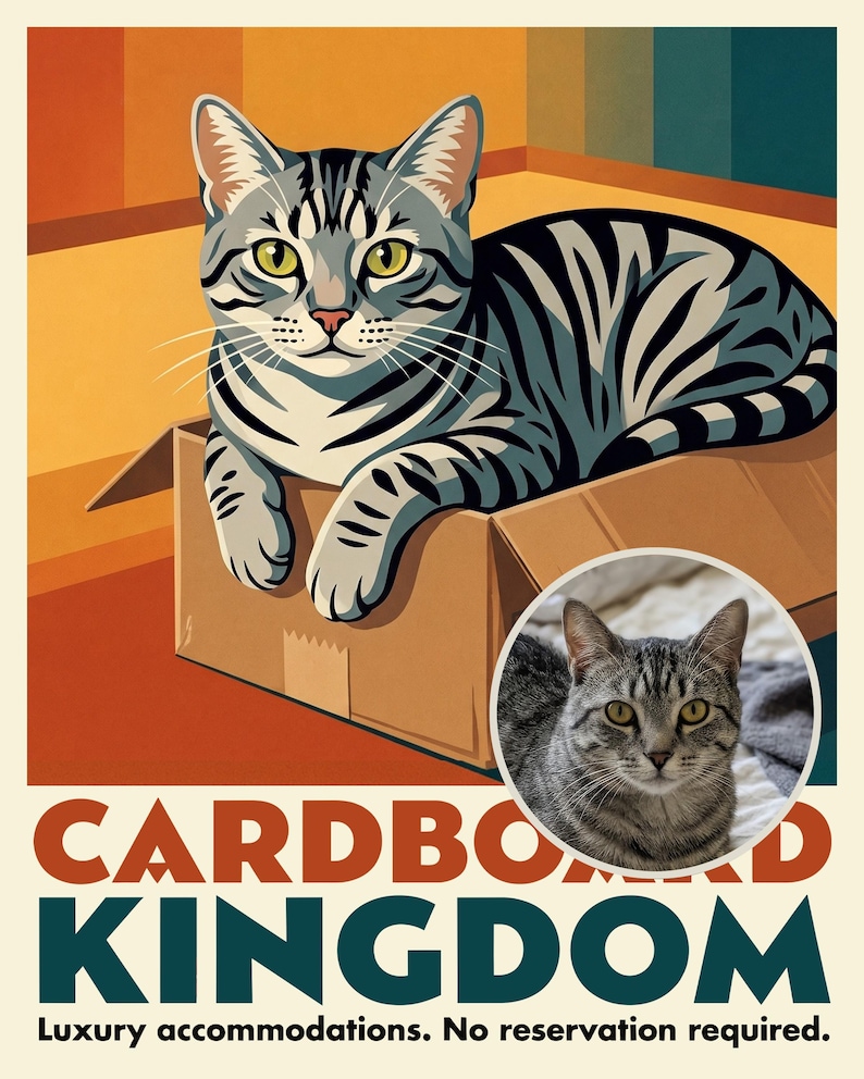 Box Travel Poster from Your Photo, Custom Cat Art Print or Canvas, Cat in Cardboard Box Art, Whimsical Cat Decor, Maximalist Home Decor