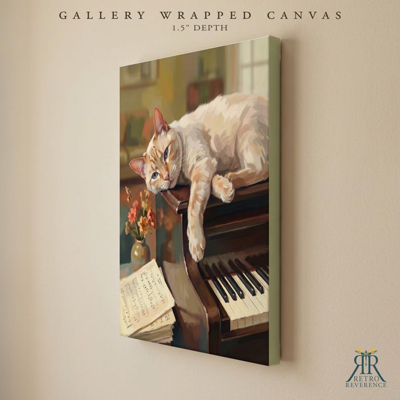 May include: A gallery wrapped canvas with a 1.5 inch depth featuring a painting of a light orange cat resting on a dark brown piano. Beside the piano sits a small vase with orange flowers and a stack of sheet music. The text reads Gallery Wrapped Canvas.