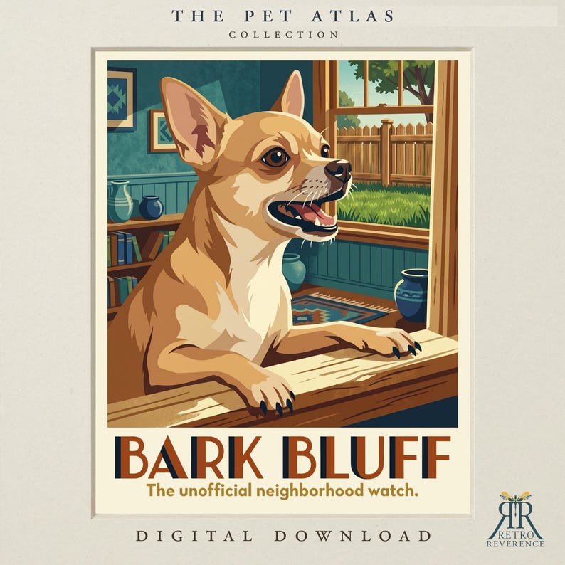 Pode incluir: Uma impress&atilde;o digital intitulada THE PET ATLAS COLLECTION apresentando um chihuahua castanho olhando pela janela. O texto BARK BLUFF The unofficial neighborhood watch aparece abaixo do c&atilde;o. A cena inclui uma estante, vasos azuis e uma cerca de madeira.