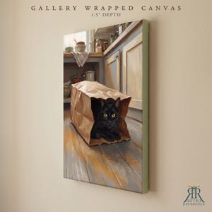 May include: A gallery wrapped canvas with a 1.5 inch depth featuring a painting of a black cat with yellow eyes sitting inside a brown paper bag on a wooden floor in a kitchen setting with cabinets and bowls visible in the background.