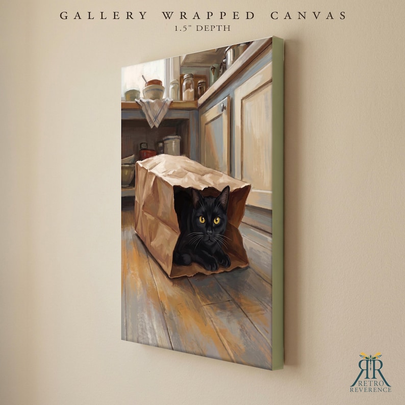 May include: A gallery wrapped canvas with a 1.5 inch depth featuring a painting of a black cat with yellow eyes sitting inside a brown paper bag on a wooden floor in a kitchen setting with cabinets and bowls visible in the background.