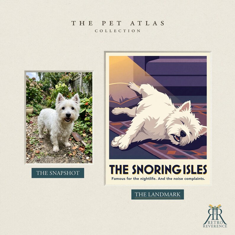 May include: A print titled The Pet Atlas Collection featuring a photograph of a white West Highland White Terrier labeled The Snapshot and a stylized illustration of the same dog sleeping on a rug labeled The Landmark, The Snoring Isles.