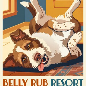 Custom Dog Portrait from Photo, Upside Down Dog on the Rug, Retro Travel Poster Illustration, Whimsical Wall Art, Art Print or Canvas image 2