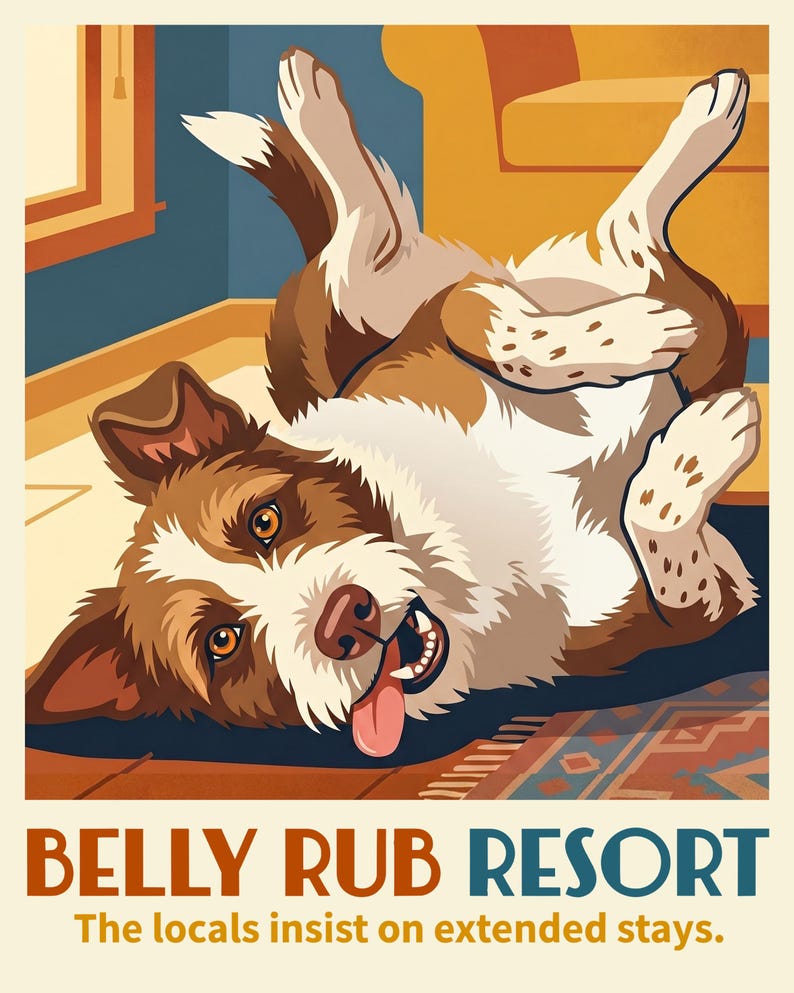Custom Dog Portrait from Photo, Upside Down Dog on the Rug, Retro Travel Poster Illustration, Whimsical Wall Art, Art Print or Canvas image 2