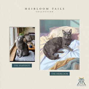May include: A side-by-side comparison titled HEIRLOOM TAILS COLLECTION featuring a photograph labeled THE SNAPSHOT of a grey cat sitting on a cushion and an illustration labeled THE HEIRLOOM of the same cat resting on a bed with a logo at the bottom.