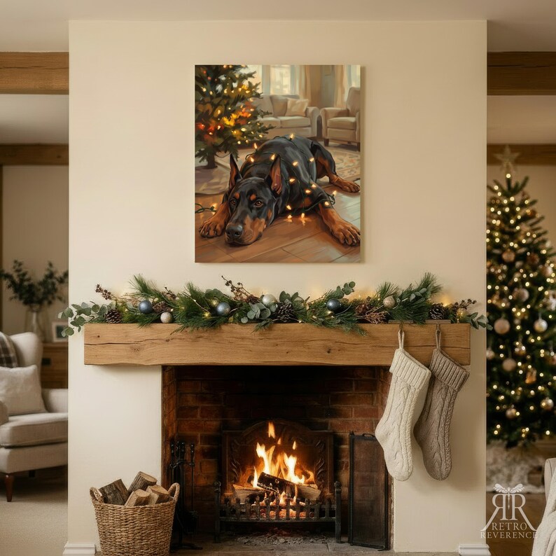 May include: A rectangular wall art print featuring a black and tan Doberman dog lying on a wooden floor, draped in glowing string lights, with a decorated Christmas tree and living room furniture visible in the background scene.
