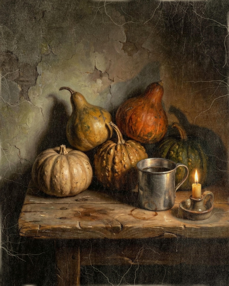 Pumpkins and Gourds Art Print, Moody Vintage Fall Wall Decor, Candlelit Harvest Table, Instant Digital Download
