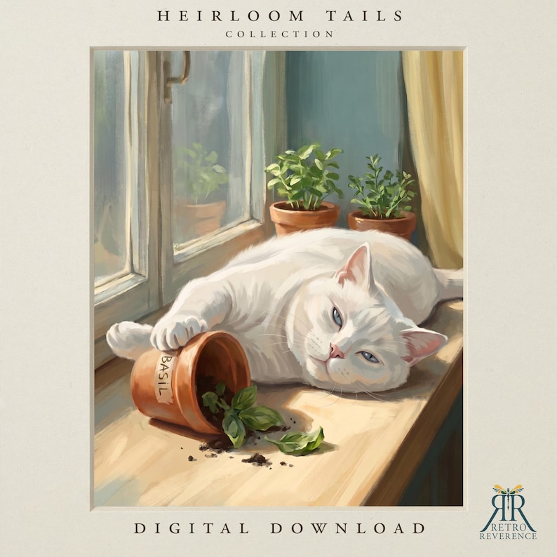 May include: A digital illustration titled HEIRLOOM TAILS COLLECTION featuring a white cat lying on a windowsill next to two potted plants and a tipped-over terracotta pot labeled BASIL with spilled soil and green leaves on the wooden surface.