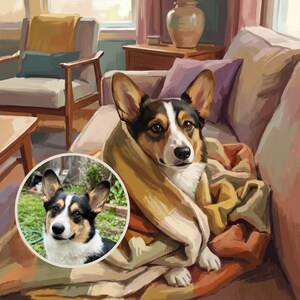 Whimsical Custom Dog Portrait from Your Photo, Nostalgic Hygge Canvas Print, Dog Canvas Wall Art, Dog in Blanket Art, Cozy Bedroom Decor
