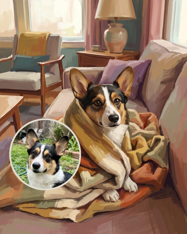 Whimsical Custom Dog Portrait from Your Photo, Nostalgic Hygge Canvas Print, Dog Canvas Wall Art, Dog in Blanket Art, Cozy Bedroom Decor