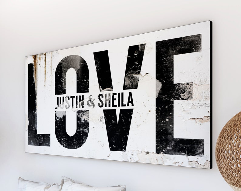Modern Vintage Farmhouse Wall Decor Personalized Newlywed Couple Bedroom Love Sign, Industrial Rustic Black & White Romantic Canvas Artwork image 3