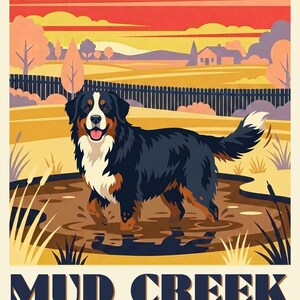 Custom Dog Portrait from Photo, Muddy Dog in the Puddle on the Farm, Retro Travel Poster Artwork, Rustic Wall Art, Art Print or Canvas image 2