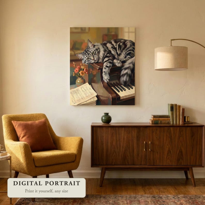 Custom cat portrait of a cat asleep on a piano, hung on a wall in a living room, shown as a digital file you print yourself