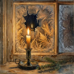 May include: A lit candle in a metallic holder sits on a wooden ledge next to a small evergreen branch. Behind the candle, a window pane features intricate frost patterns with a clear, dark circular opening revealing a reflection of the flame.
