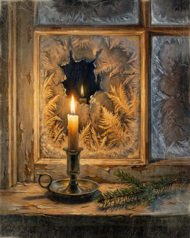 May include: A lit candle in a metallic holder sits on a wooden ledge next to a small evergreen branch. Behind the candle, a window pane features intricate frost patterns with a clear, dark circular opening revealing a reflection of the flame.