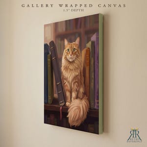 May include: A gallery wrapped canvas with a 1.5 inch depth featuring an illustration of a fluffy orange cat sitting on a wooden shelf between several upright books. The text GALLERY WRAPPED CANVAS 1.5" DEPTH appears at the top of the image.