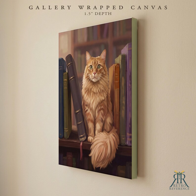May include: A gallery wrapped canvas with a 1.5 inch depth featuring an illustration of a fluffy orange cat sitting on a wooden shelf between several upright books. The text GALLERY WRAPPED CANVAS 1.5" DEPTH appears at the top of the image.