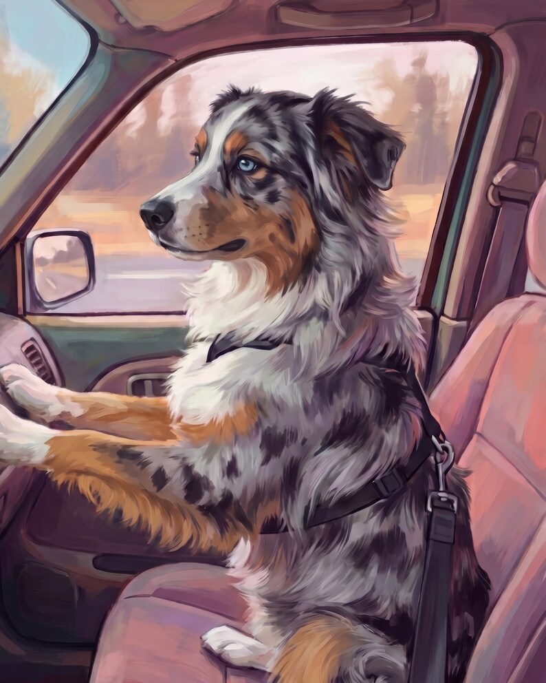 Personalized Dog Portrait from Photo, Dog in Car Wall Art, Road Trip Art, Vintage Style Dog Illustration, Digital Prints, Retro Travel Decor imagen 2