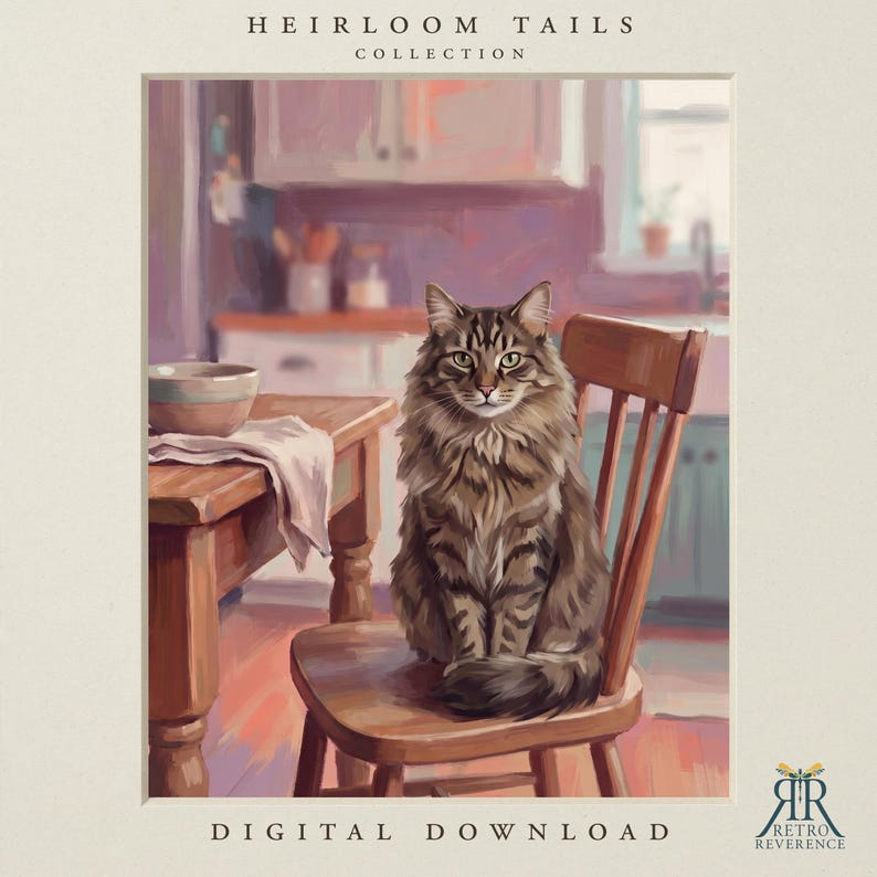 May include: A digital illustration titled Heirloom Tails Collection featuring a long-haired brown tabby cat sitting on a wooden chair. Beside the chair is a wooden table with a bowl and a white cloth. The text Digital Download is at the bottom.