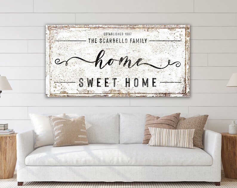 Home Sweet Home Family Name Sign Modern Vintage Decor, Large Rustic Canvas Art Print, Farmhouse Wall Decor Living Room Last Name Sign Canvas 