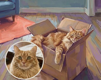 Può includere: Un'illustrazione in stile pittura a olio di un gatto soriano arancione e soffice che riposa all'interno di una scatola di cartone marrone. Un inserto circolare mostra un ritratto in primo piano dello stesso gatto arancione.