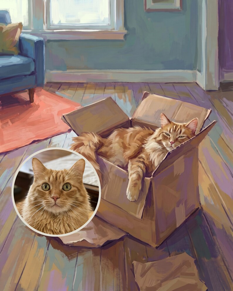 Cat in a Box Art, Custom Cat Portrait from Photo, Whimsical Cat Illustration, Living Room Wall Art Digital Download