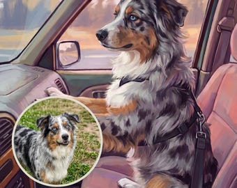 May include: A digital illustration of a blue merle Australian Shepherd with striking blue eyes sitting in the passenger seat of a car, wearing a black harness secured by a seatbelt. A circular inset shows the same dog in a grassy field.