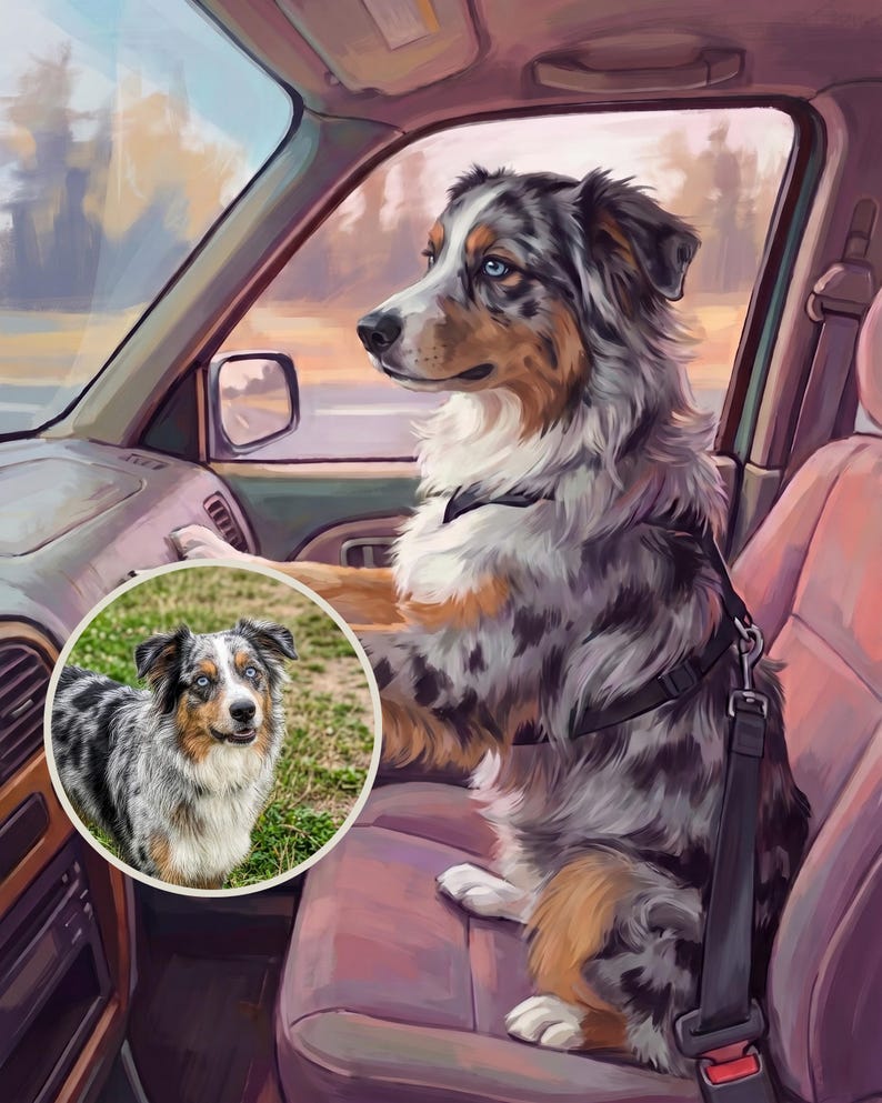 Trusty Personalized Dog Portrait from Your Photo, Nostalgic Road Trip Canvas Print, Dog Canvas Wall Art, Dog in Car Art, Retro Car Decor