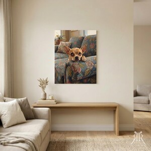 May include: A rectangular wall art print featuring a tan Chihuahua resting its chin on the arm of a floral patterned sofa. The dog has large brown eyes and is positioned centrally within the frame, set against a backdrop of blue and pink flowers.