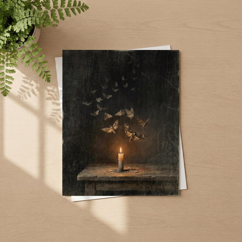 May include: A rectangular art print featuring a dark, textured background with a lit candle centered on a wooden table. A swarm of moths in varying sizes and shades of brown and cream ascends from the candle flame toward the top of the frame.
