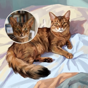 Custom Cat Portrait from Photo, Cat in Bed Wall Art, Cat Illustration, Vintage Style Bedroom Art Print Digital Download