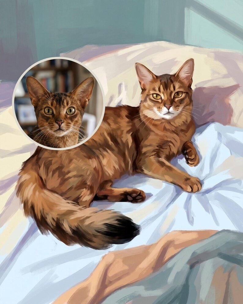 Custom Cat Portrait from Photo, Cat in Bed Wall Art, Cat Illustration, Vintage Style Bedroom Art Print Digital Download