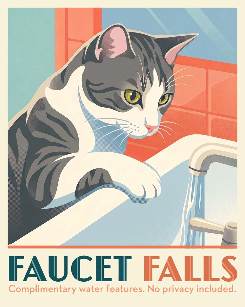 Custom Cat Portrait from Photo, Cat at the Faucet Illustration, Travel Poster Digital Download, Digital Prints, Printable Wall Art afbeelding 2
