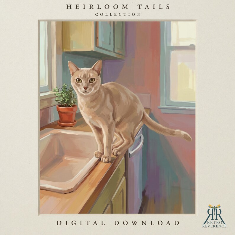 May include: A digital art print titled Heirloom Tails Collection featuring a light brown cat standing on a kitchen counter next to a small potted plant and a sink. The scene includes a window and cabinets in a warm, painterly style with text.