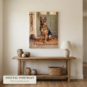 Custom dog portrait of a dog waiting by the front door, hung on a wall in an entryway, shown as a digital file you print yourself