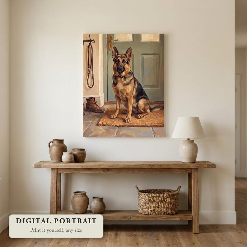 Custom dog portrait of a dog waiting by the front door, hung on a wall in an entryway, shown as a digital file you print yourself
