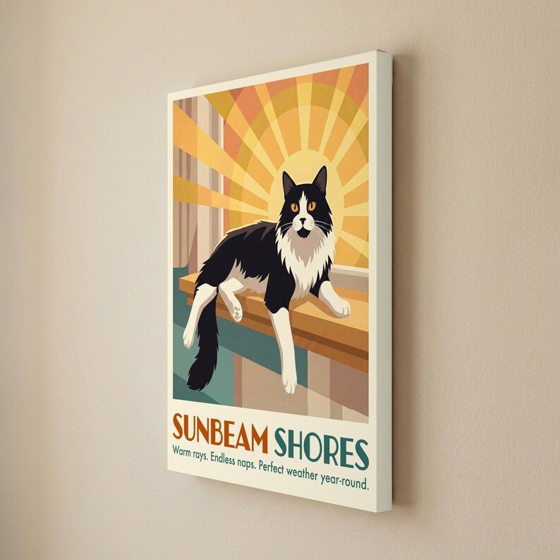 May include: A rectangular wall art print featuring a black and white cat resting on a ledge in front of a yellow sunburst. The text reads SUNBEAM SHORES, Warm rays. Endless naps. Perfect weather year-round. The design uses orange and teal tones.