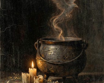 Witches Brew and Candlelight Wall Art, Moody Vintage Style Halloween Decor, Gothic Potion Art, Witchy Illustration, Art Print or Canvas