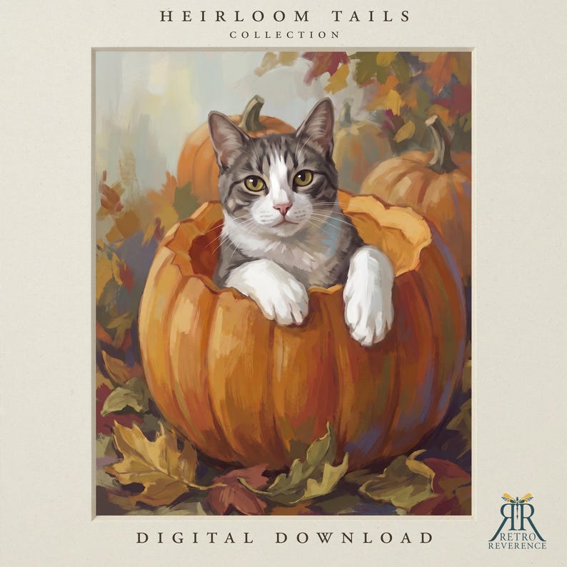 Puede incluir: Una impresi&oacute;n de arte digital titulada Heirloom Tails Collection que muestra un gato atigrado gris y blanco sentado dentro de una calabaza naranja grande. La escena incluye hojas de oto&ntilde;o y calabazas adicionales. El texto Digital Download es visible.