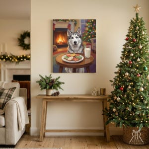 May include: A rectangular wall art print depicting a grey and white husky sitting at a small wooden table. On the table sits a white plate filled with assorted holiday cookies and a clear glass of milk, set against a cozy fireplace background.