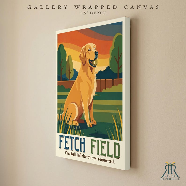 May include: A gallery wrapped canvas with a 1.5 inch depth featuring a golden retriever holding a tennis ball in its mouth. The illustration shows a field, trees, and a sunset sky. Text reads FETCH FIELD and One ball. Infinite throws requested.