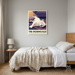 May include: A rectangular wall art print featuring a white West Highland White Terrier dog lying on its side on a patterned rug. The text reads THE SNORING ISLES, Famous for the nightlife. And the noise complaints. The background is dark purple.