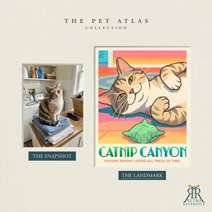 K&ouml;nnte beinhalten: Ein Plakat mit dem Titel The Pet Atlas Collection, das ein Foto einer dreifarbigen Katze auf gefalteten Handt&uuml;chern namens The Snapshot und eine stilisierte Illustration einer Katze bei einem gr&uuml;nen Spielzeug namens Catnip Canyon zeigt, Visitors report losing all track of time.