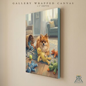 May include: A gallery wrapped canvas with a 1.5 inch depth featuring a painting of a fluffy brown Pomeranian dog sitting on a rug surrounded by various colorful plush toys and a tipped-over woven basket in a living room setting.